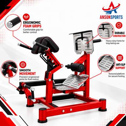 Red and black Anson Sports leg extension gym machine with callout graphics highlighting ergonomic foam grips, smooth movement, durable construction, and anti-slip support on a white background.