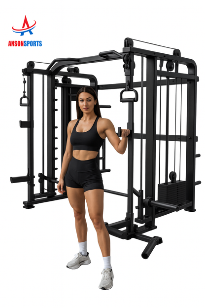 Anson Fitness Commercial Grade Heavy-Duty Multi-Functional Smith Machine with Dual Adjustable Pulley System, Integrated Chin-Up Bar, and Complete Strength Training Station"