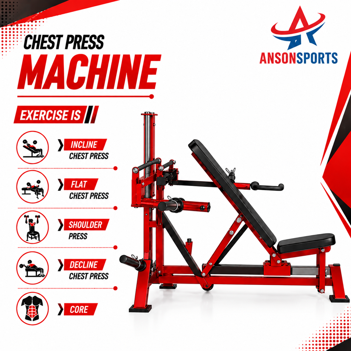 Anson Fitness chest press machine in red and black, shown with exercise type icons and text labels including incline chest press, flat chest press, shoulder press, decline chest press, and core.