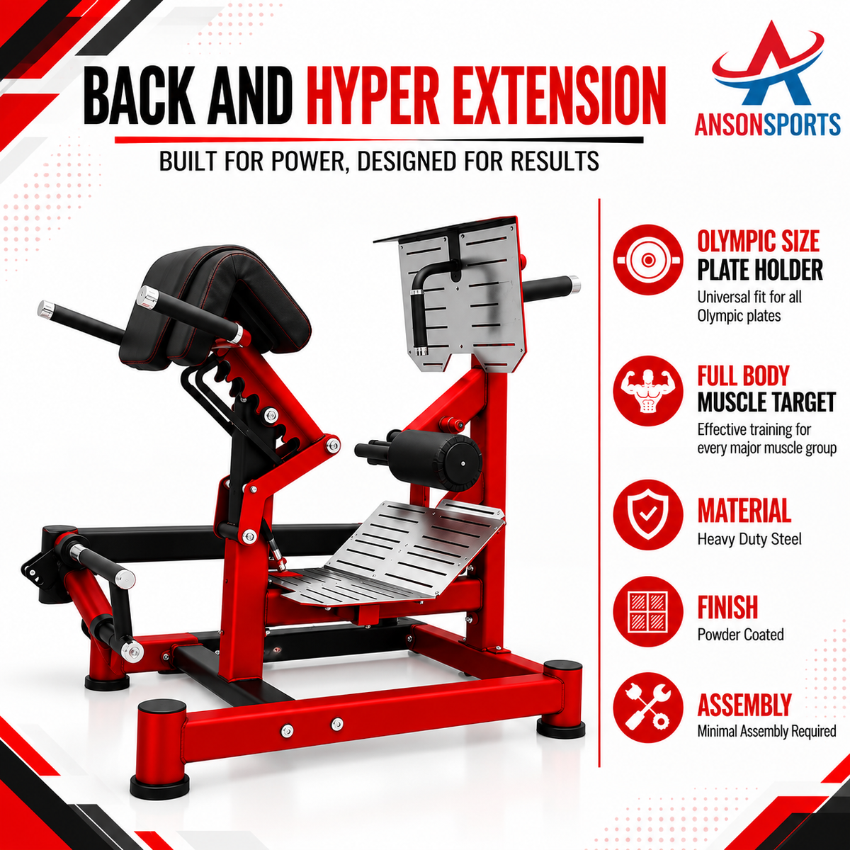 Red and black Anson Sports back and hyper extension leg press gym machine, shown with feature callout icons on a white and red graphic background.