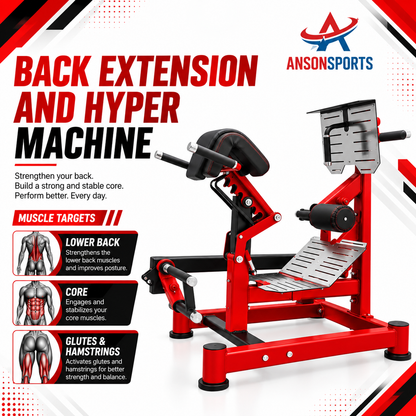 Anson Sports Back Extension and Hyper Machine gym equipment shown on a white promotional graphic with red and black text, muscle target callouts, and the Anson Sports logo.