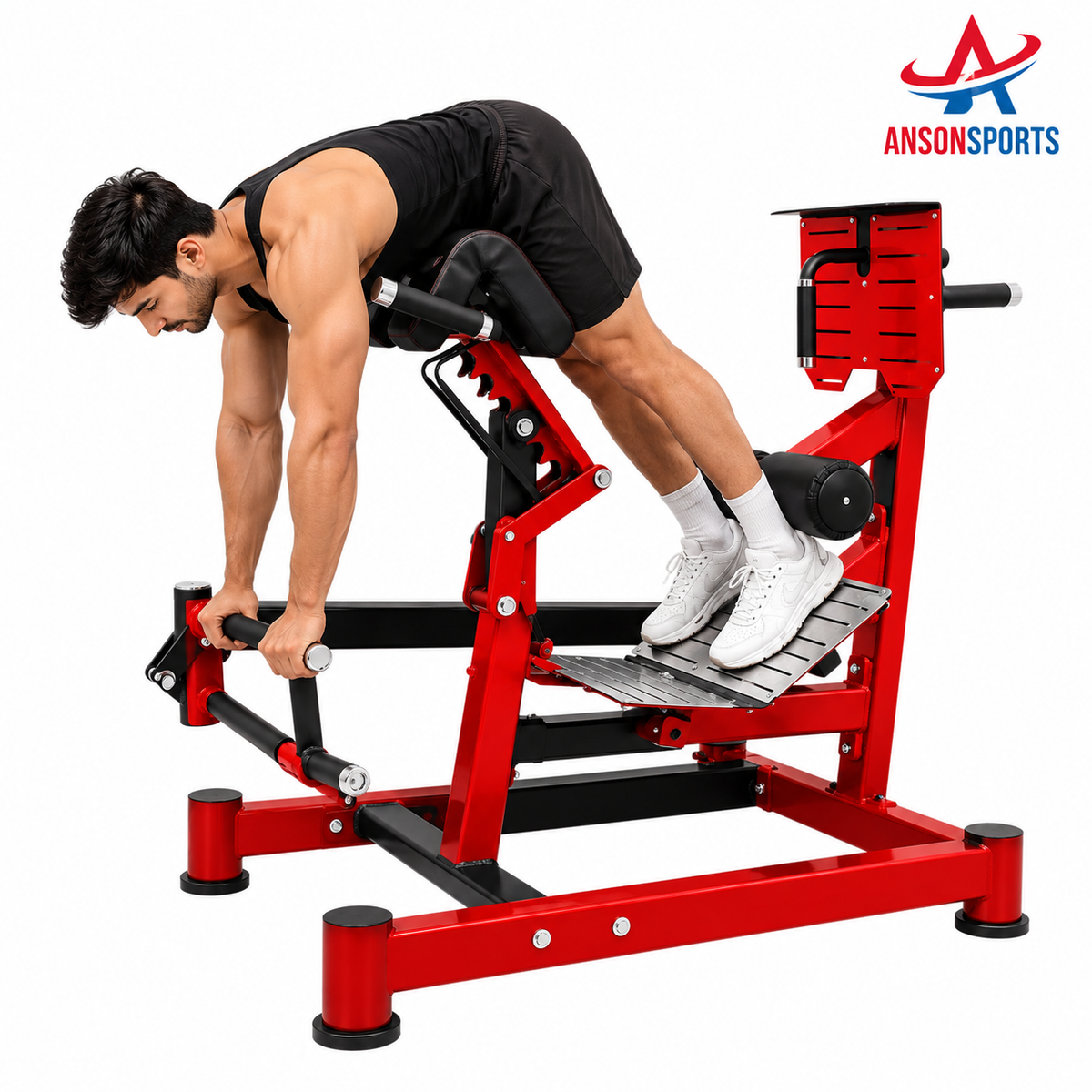A man performing a leg extension exercise on a red and black ANSONSPORTS leg extension machine against a white background.