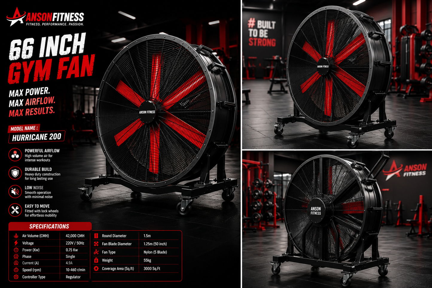 Anson Fitness Gym Fan Hurricane 200 – 66 Inch Heavy Duty Industrial Gym Fan